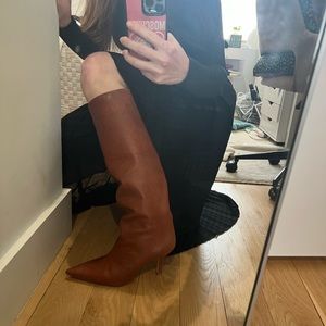 Loeffler Randall textured brown leather shin height kitten heel tall boots